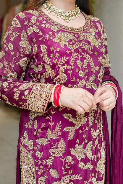 Regal Plum Elegance Handcrafted Embroidered Sharara Set