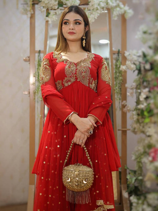 Royal Ruby Glow Red Sharara Charm with Golden Elegance