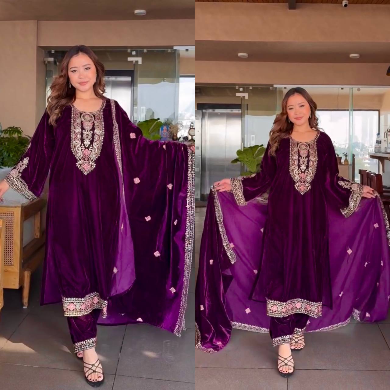 Purple Color Embroidered Pure Velvet Suit Set