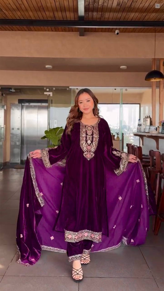 Purple Color Embroidered Pure Velvet Suit Set