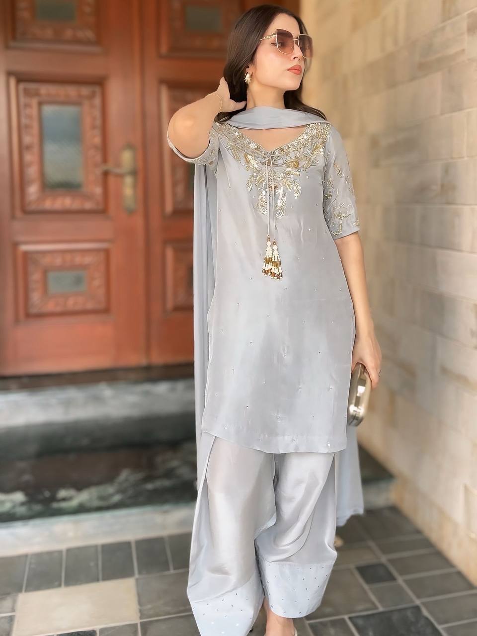 Pearl Mist Natural Crepe Designer Farshi Palazzo Set