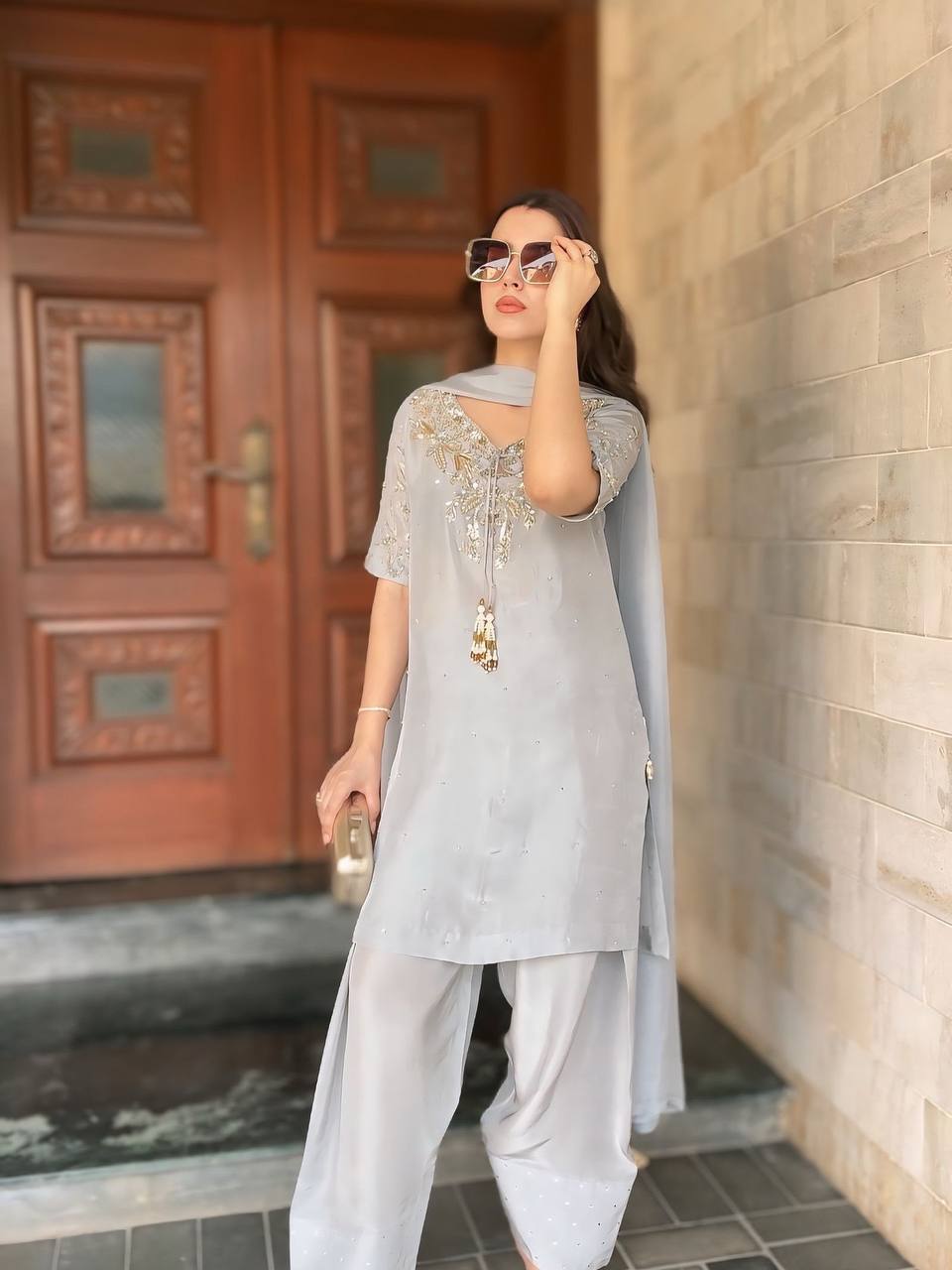 Pearl Mist Natural Crepe Designer Farshi Palazzo Set