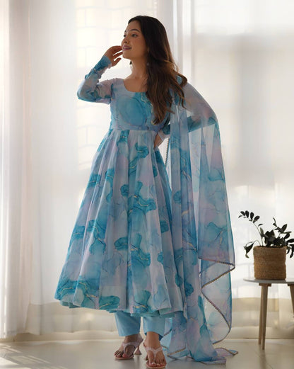 Sky Pure Soft  Organja Silk Marble Print Anarkali