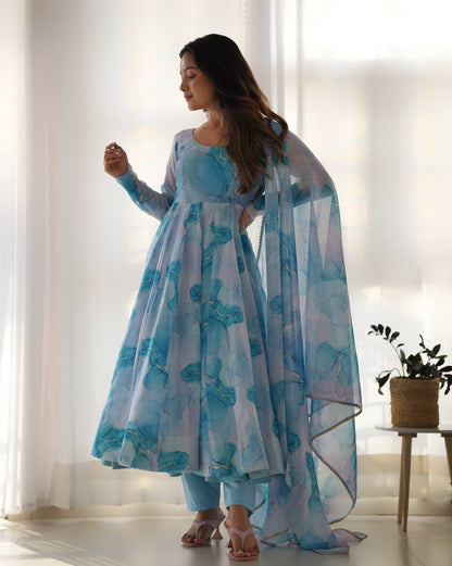 Sky Pure Soft  Organja Silk Marble Print Anarkali