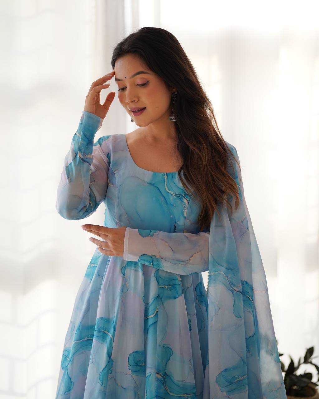 Sky Pure Soft  Organja Silk Marble Print Anarkali