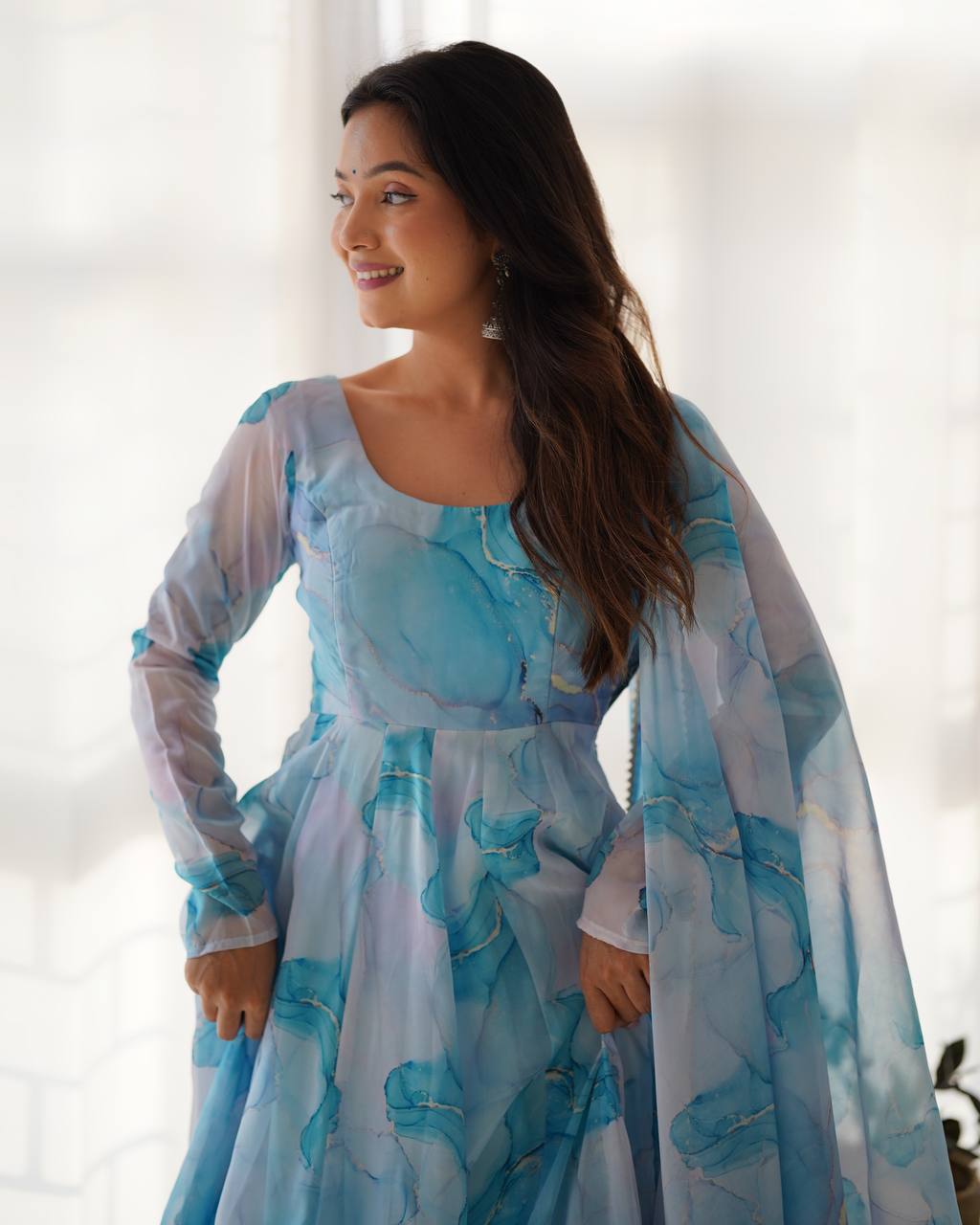 Sky Pure Soft  Organja Silk Marble Print Anarkali