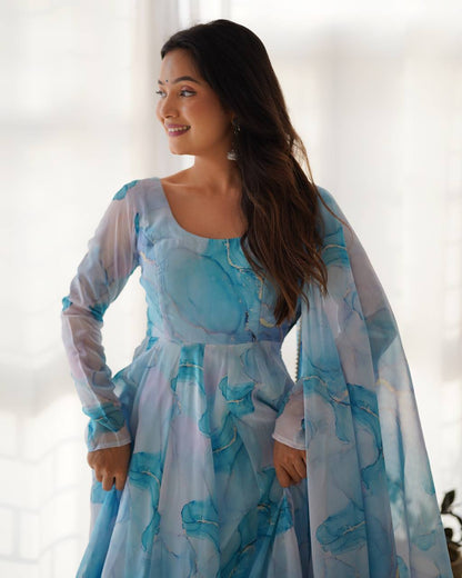 Sky Pure Soft  Organja Silk Marble Print Anarkali