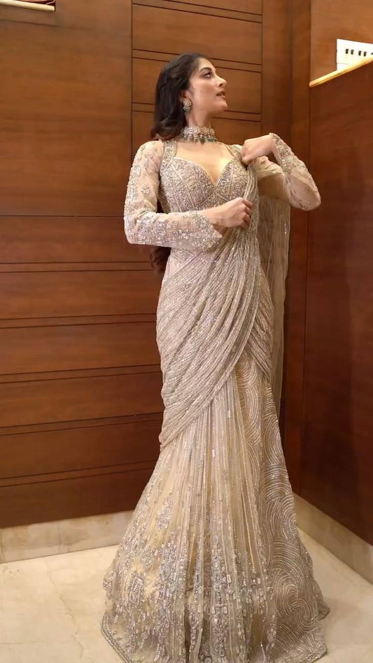 Sunheri  Butterfly Net  Long Sleeves Saree