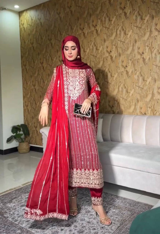 Royal Crimson Elegance Embroidered Kurti Set