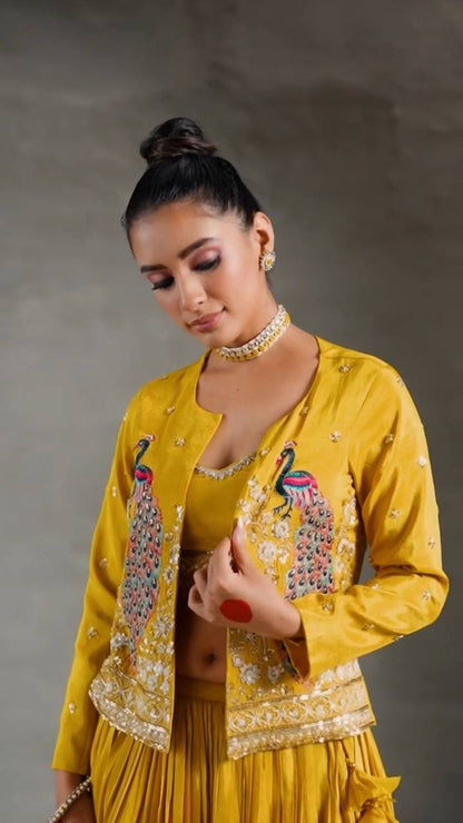 Kashavi Mustard Crop Top with Jacket Lehenga Choli