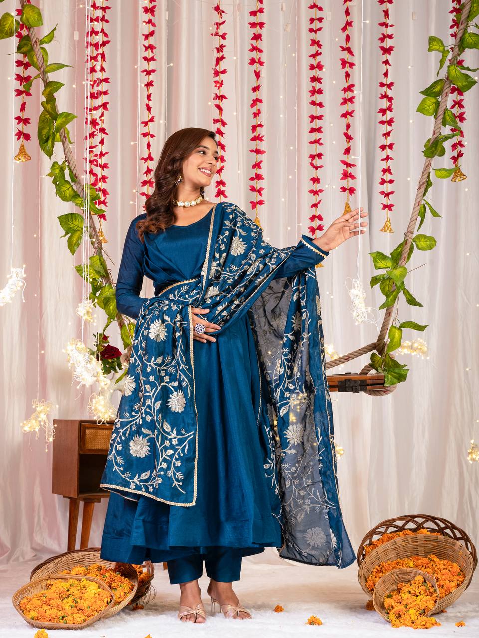 SHREE BLUE SIMMAR VICHITRA SILK ANARKALI SET