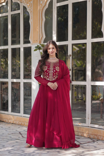 Anamika Faux Blooming Georgette Red & Yellow Gown