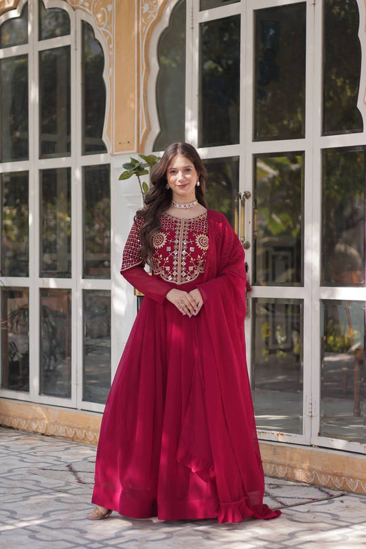 Anamika Faux Blooming Georgette Red & Yellow Gown