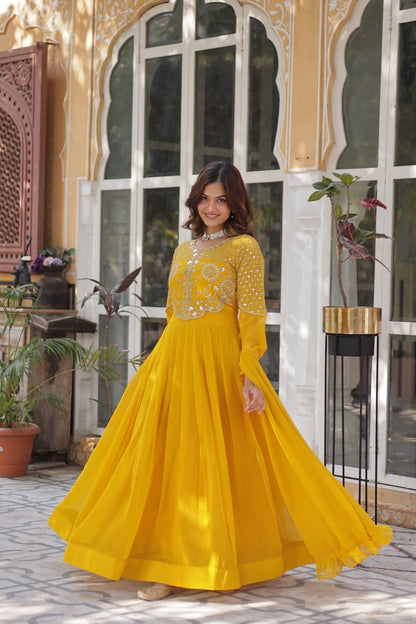 Anamika Faux Blooming Georgette Red & Yellow Gown