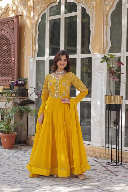 Anamika Faux Blooming Georgette Red & Yellow Gown