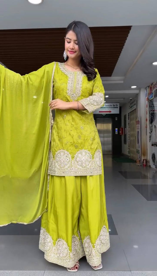 Swara Lime Green Beautifully Embroidered Sharara Suit