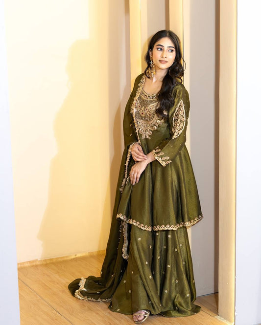 Kasturi Simar Silk French Crep Kali Cutting Sharara