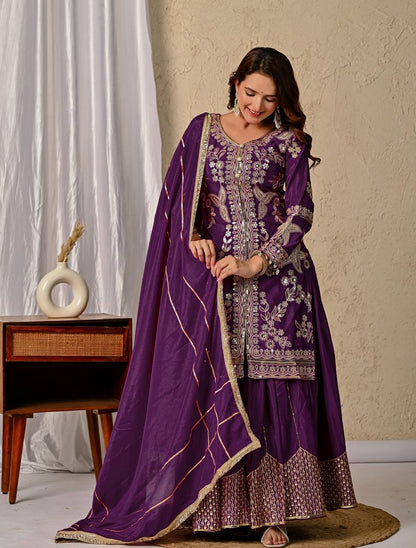 Ziya Purple Chinnon Silk Party Wear Sharara
