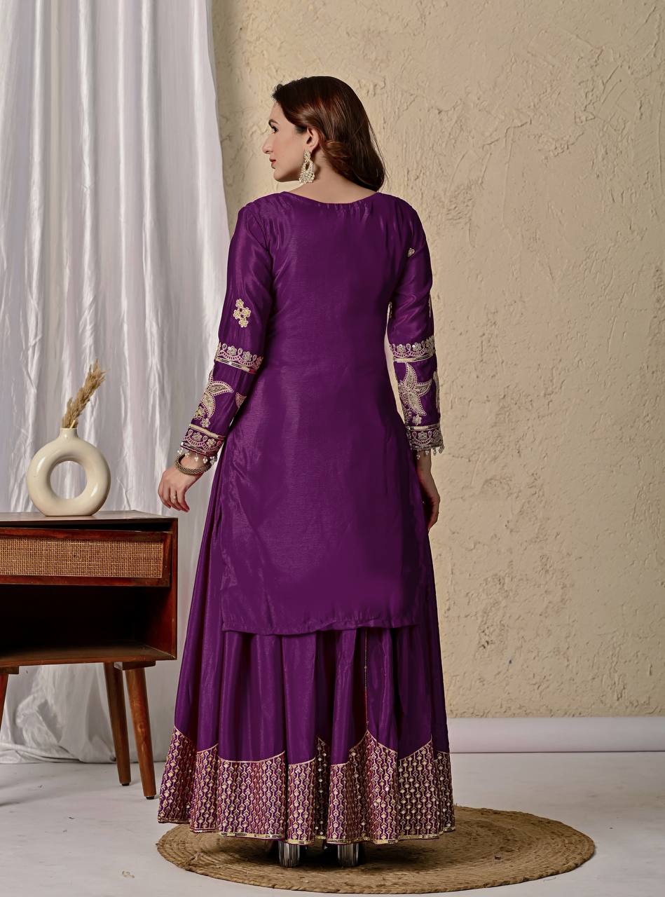 Ziya Purple Chinnon Silk Party Wear Sharara