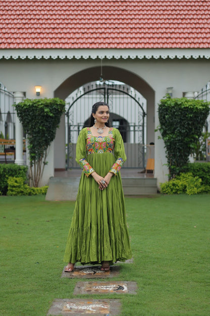 Reyon Kutchi Gamthi Tiered Flair Anarkali Gown