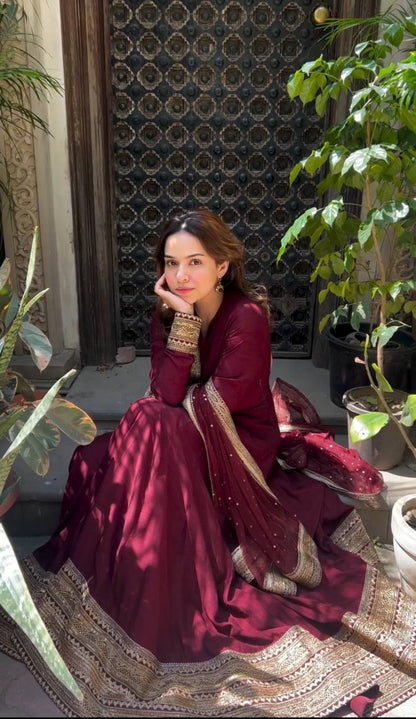 Sneha Deep Maroon Cinon Silk Gown Pent