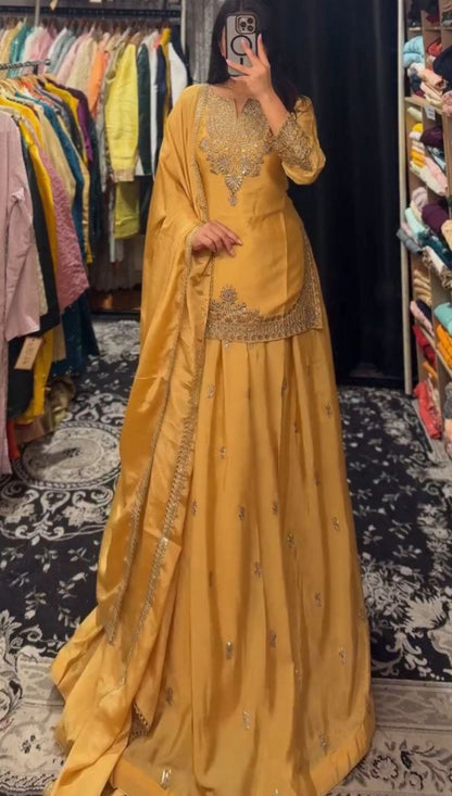 Festive Flame Green Ensemble with Antique Gold Embroidery Lehenga