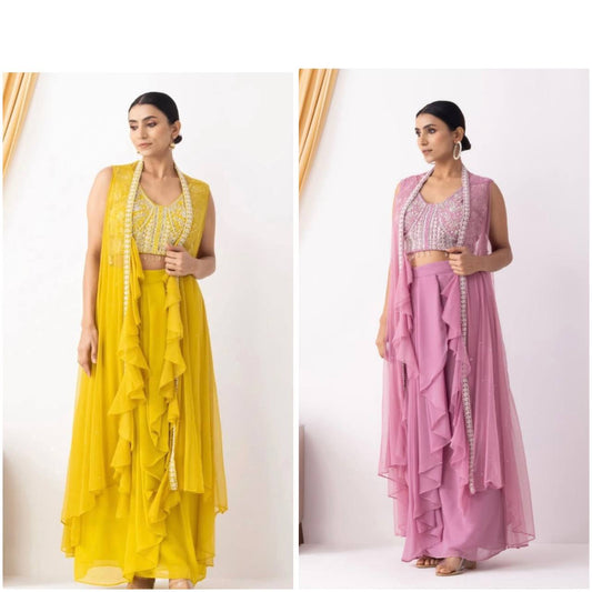 Misha Mustard & Mauve Three Piece Indo western