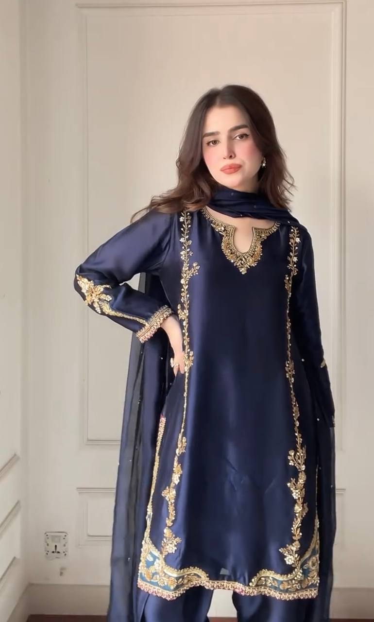 Azure Moti Hand Work Crep Silk Farshi Salwar
