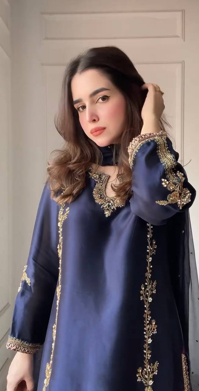 Azure Moti Hand Work Crep Silk Farshi Salwar