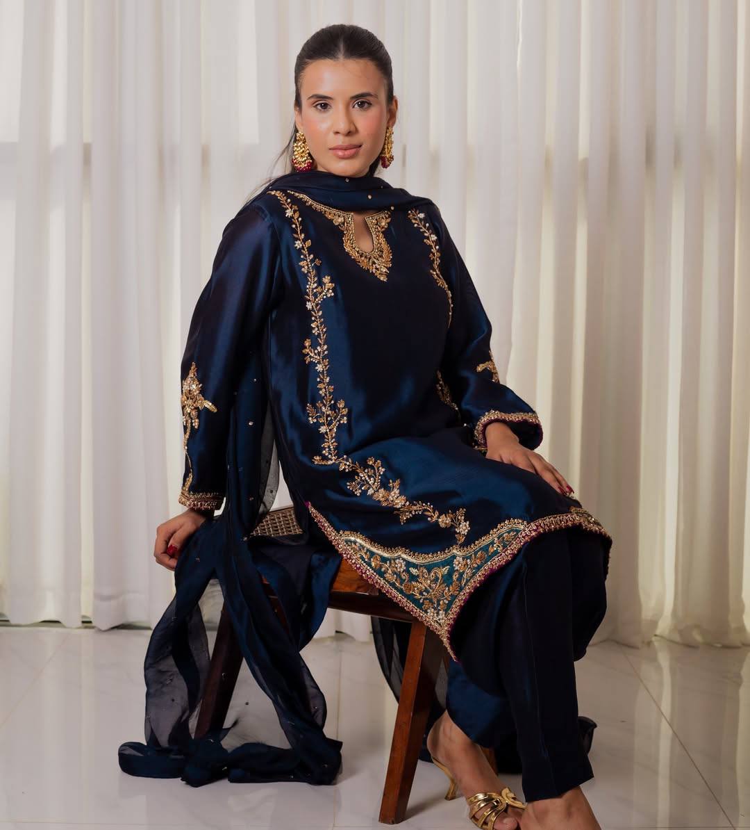 Azure Moti Hand Work Crep Silk Farshi Salwar