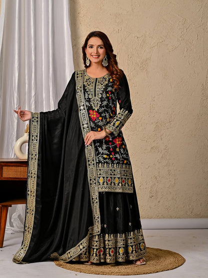 Black Heavy Chinnon Silk Party Wear Sharara