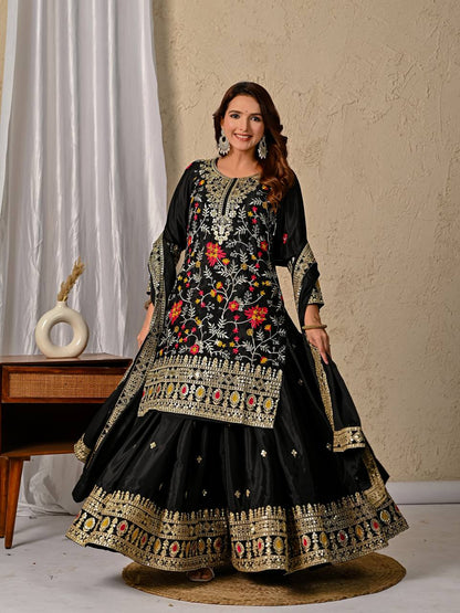 Black Heavy Chinnon Silk Party Wear Sharara