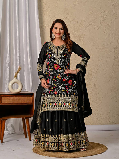 Black Heavy Chinnon Silk Party Wear Sharara