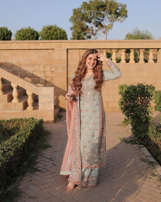 Blush Pastel Bloom  A Graceful Embroidered Ensemble
