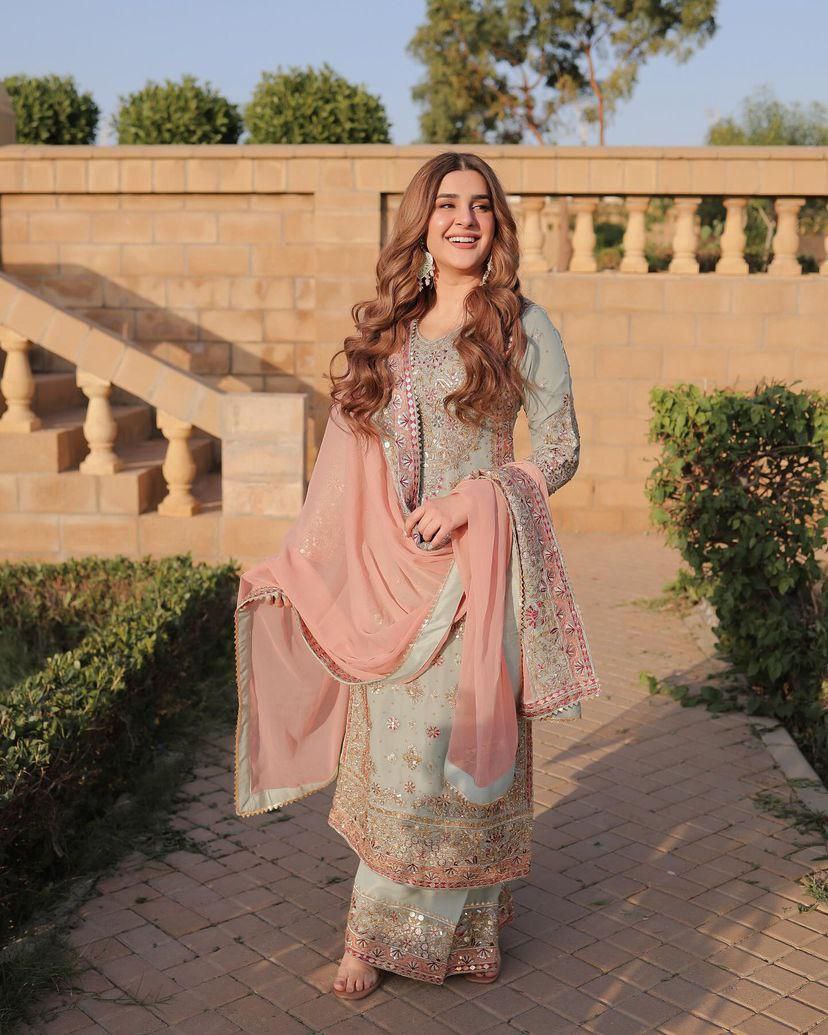 Blush Pastel Bloom  A Graceful Embroidered Ensemble